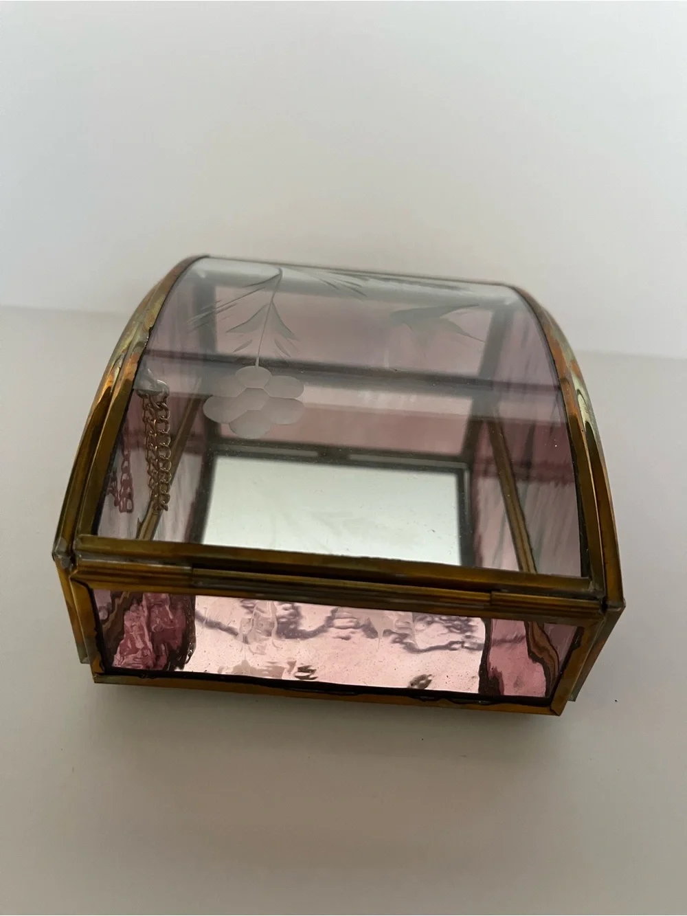 Vintage Brass Trinket Jewelry Box Etched Floral Purple Glass Curved Lid Romantic